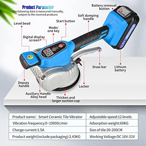 Mašina za vibraciju pločica za alat za montažu - Vibrator za popločavanje ručni, gumena čaša za popločavanje ručni Vibrator 12-brzina podesiva 21V 15000 mAh 24000r / min