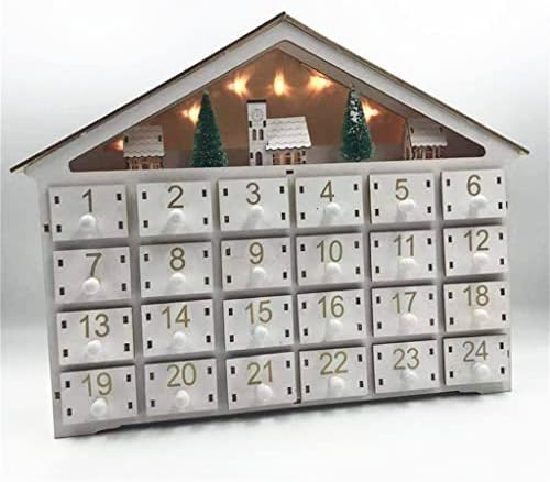 WODMB Božić bijeli LED 24-dnevni drveni Advent Kalendar na baterije svjetlo-up 24 ladice za pohranu kuća