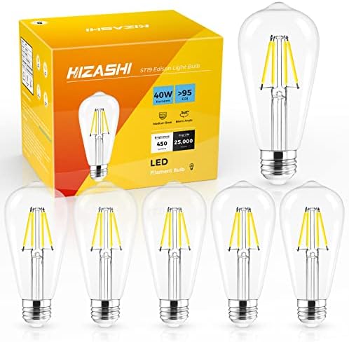 Hizashi LED Edison sijalice ekvivalentne 40 W, E26 LED sijalica bez zatamnjivanja, 4000k hladno bijela 450lm 4W 95+CRI ST58 / ST19 Vintage sijalice sa E26 srednjom bazom, prozirno staklo, UL navedeno, pakovanje od 6