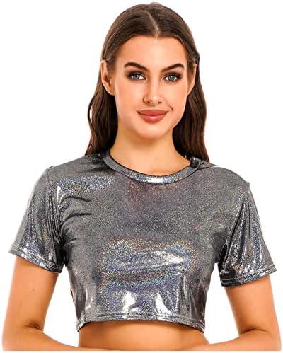 TIAOBUG ženski povremeni reflektivni majica kratkih rukava okrugli vrat Metalni sjajni jazz plesni vrhovi