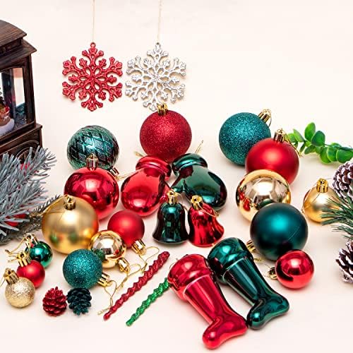 Božić Tree ukrasi, 132 kom Božić Lopta ukrasi Set crveno zeleno zlato Božić Lopta Shatterproof viseći stablo