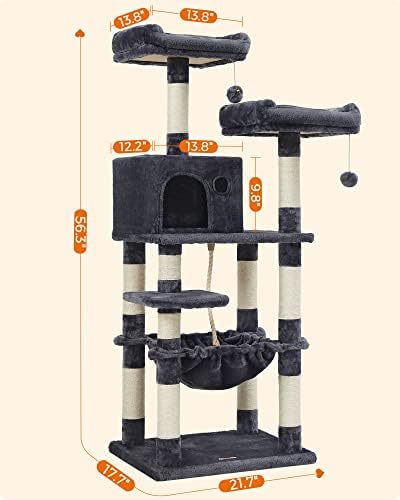 FEANDREA mačje Drvo, mačji toranj za sobne mačke, 56,3-inčni stan za mačke sa stubovima za grebanje,